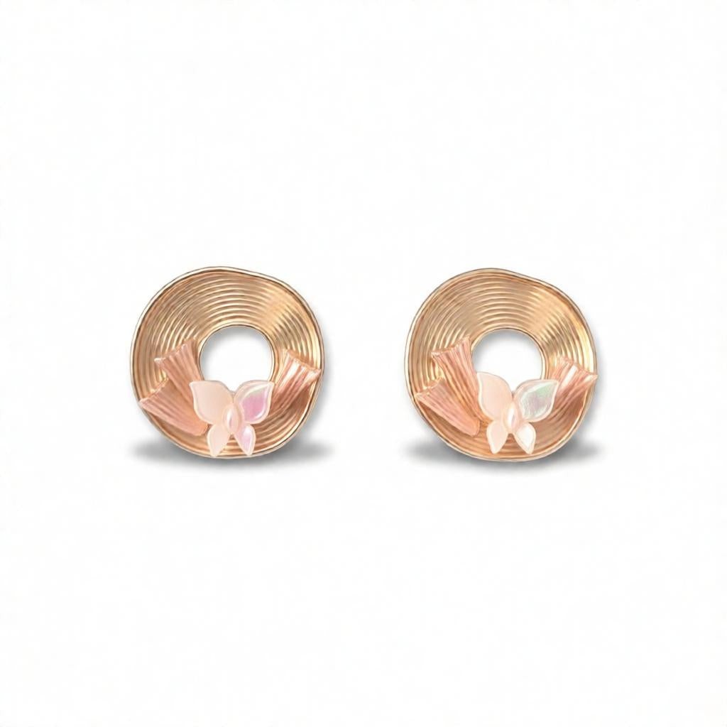 dazzle21 Blossom Glow rose gold stud earrings featuring a circular spiral design with delicate pastel butterflies.