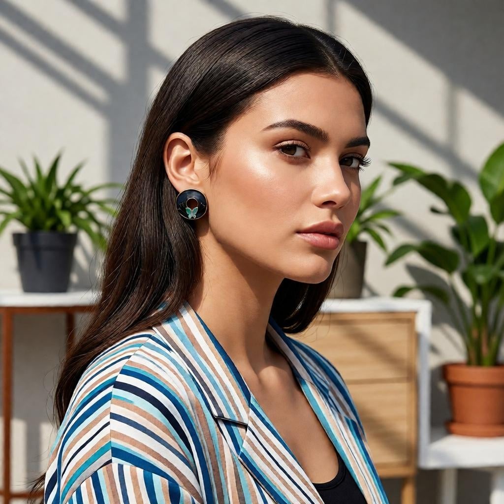 A model wearing dazzle21 Blossom Glow rose gold stud earrings featuring a circular spiral and pastel butterfly design.