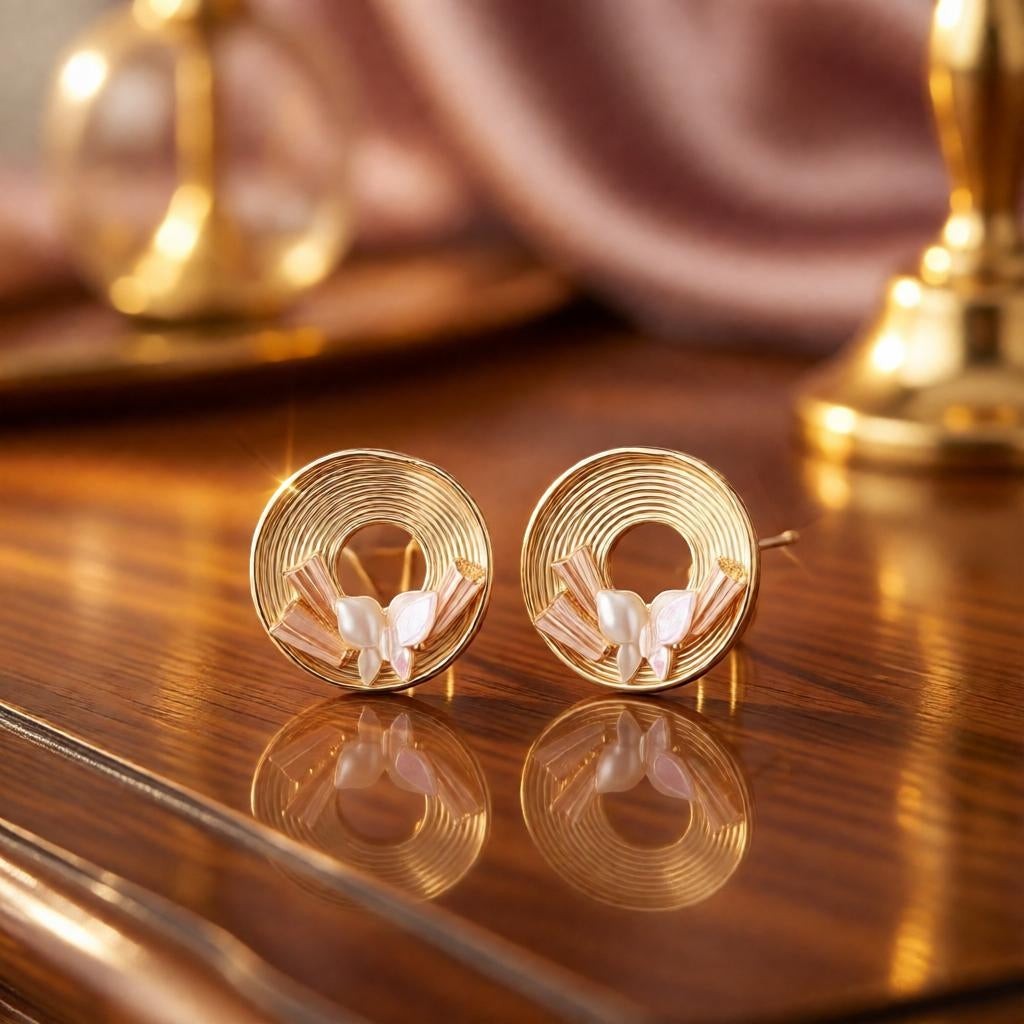 dazzle21 Blossom Glow rose gold stud earrings featuring a circular spiral design with delicate pastel butterfly accents.