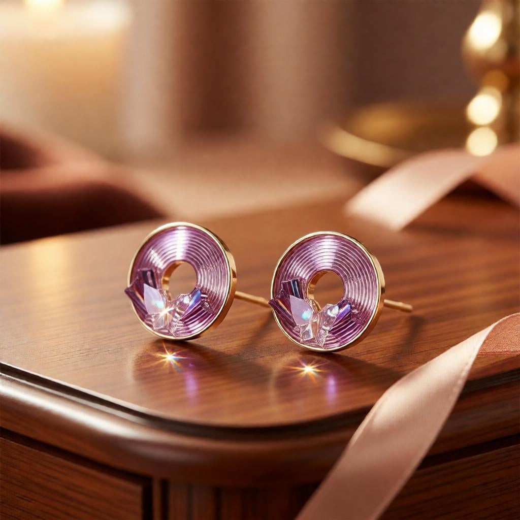 dazzle21 Blossom Glow rose gold stud earrings featuring a circular spiral pattern and pastel butterfly accents.