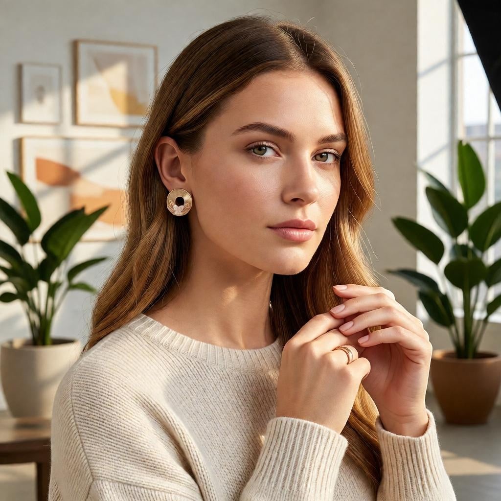 dazzle21 Blossom Glow rose gold stud earrings with a circular spiral and butterfly design worn by a woman