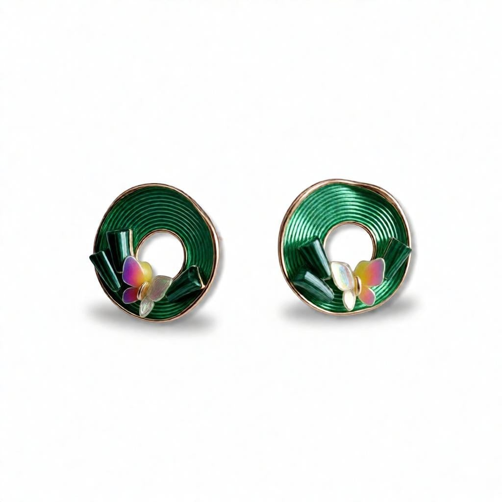 dazzle21 rose gold stud earrings featuring a green circular spiral design with delicate pastel butterfly accents.