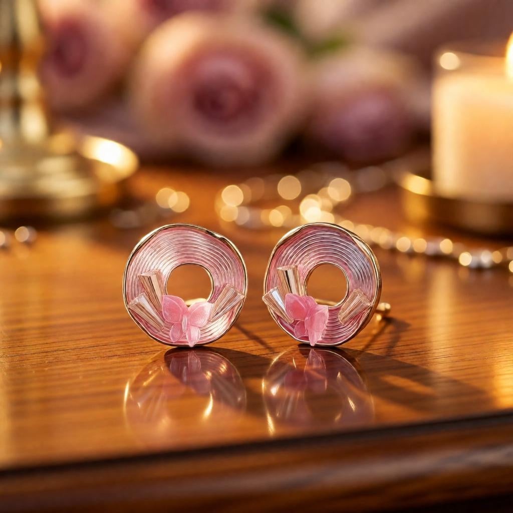 dazzle21 Blossom Glow rose gold stud earrings featuring a circular spiral design with delicate pastel butterfly accents
