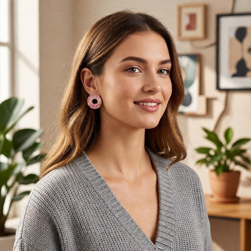 A woman wearing dazzle21 Blossom Glow rose gold stud earrings with a circular spiral and pastel butterfly design.