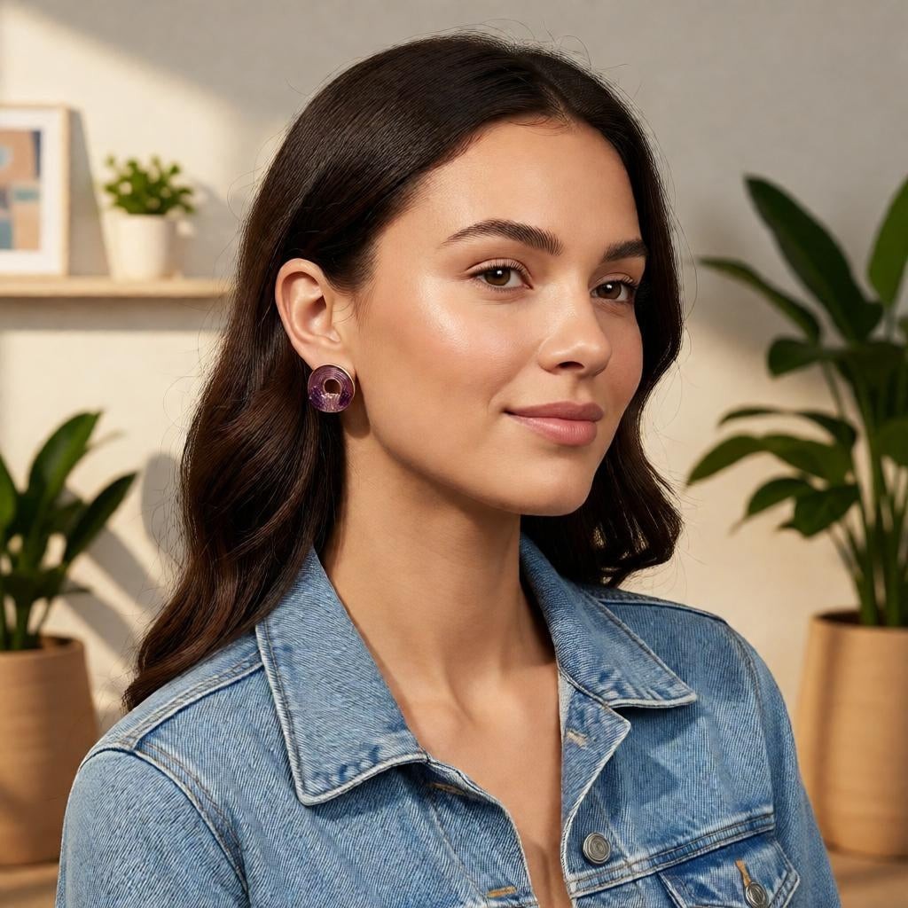 A woman wearing dazzle21 Blossom Glow rose gold stud earrings with a circular spiral and pastel butterfly design.