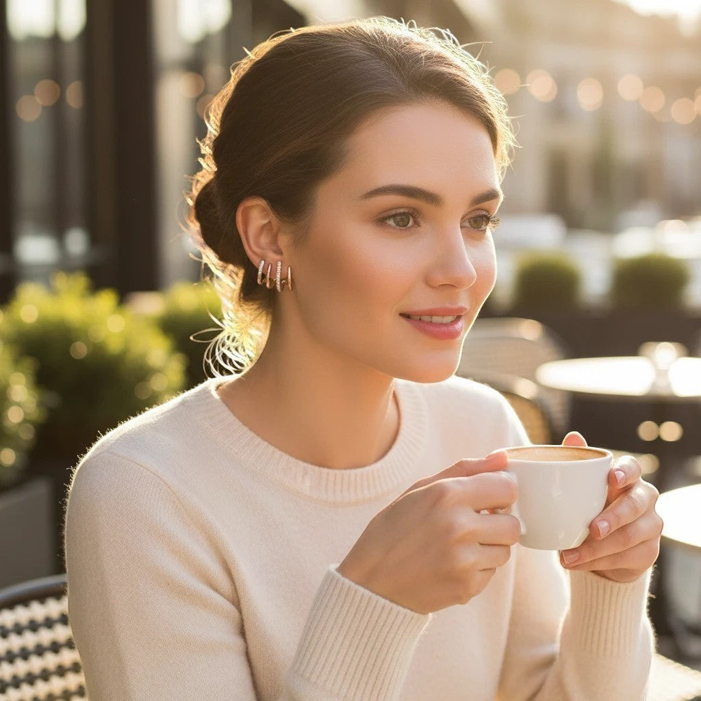 dazzle21 Korean style rose gold multi-prong claw stud earrings worn by a woman holding a coffee cup outdoors