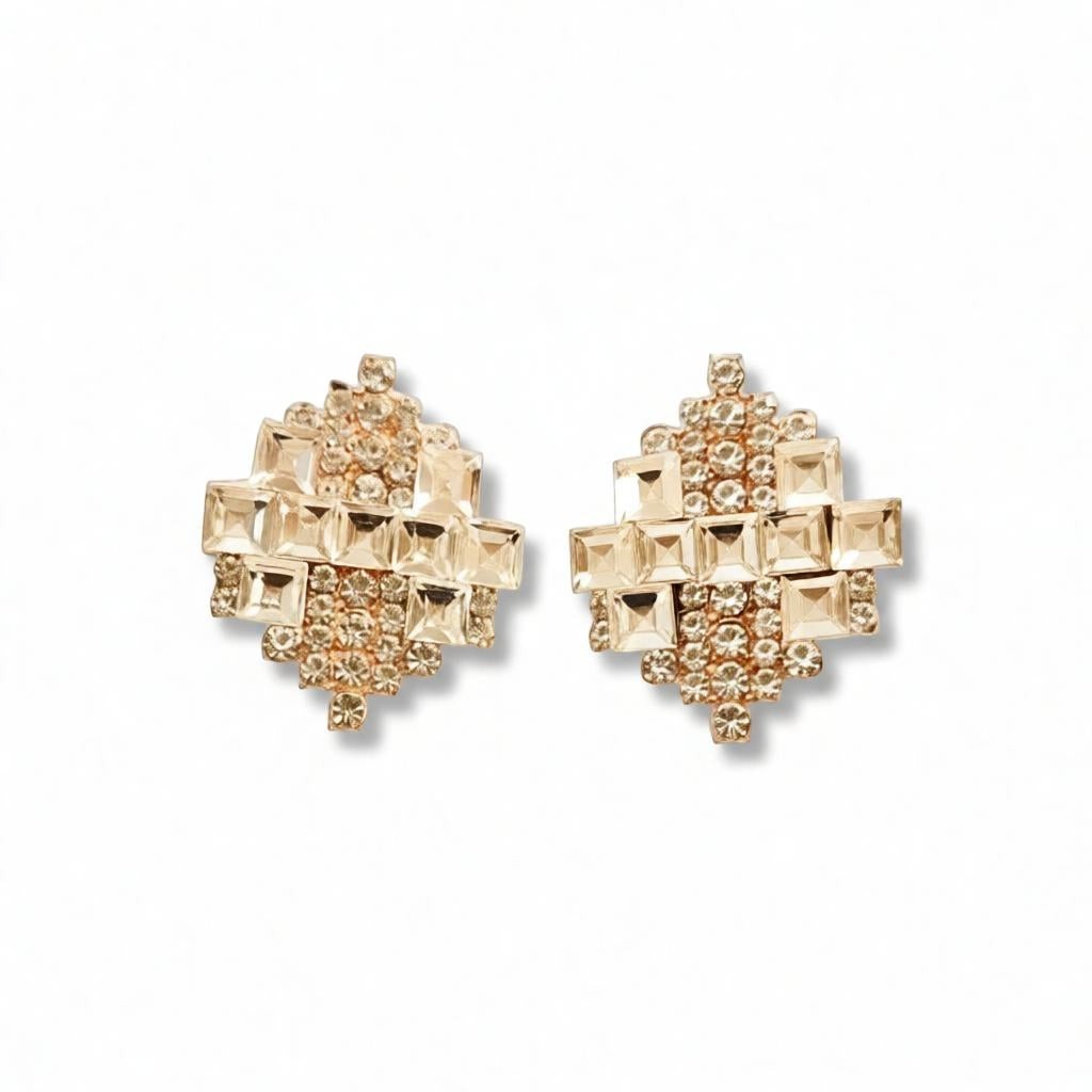dazzle21 Royal geometric stud earrings featuring layered crystal stones and a luxurious rose gold finish.