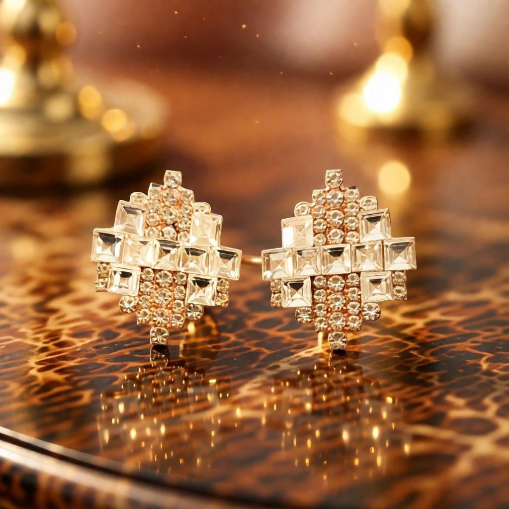 dazzle21 geometric stud earrings in rose gold finish with layered crystal stones on a reflective surface