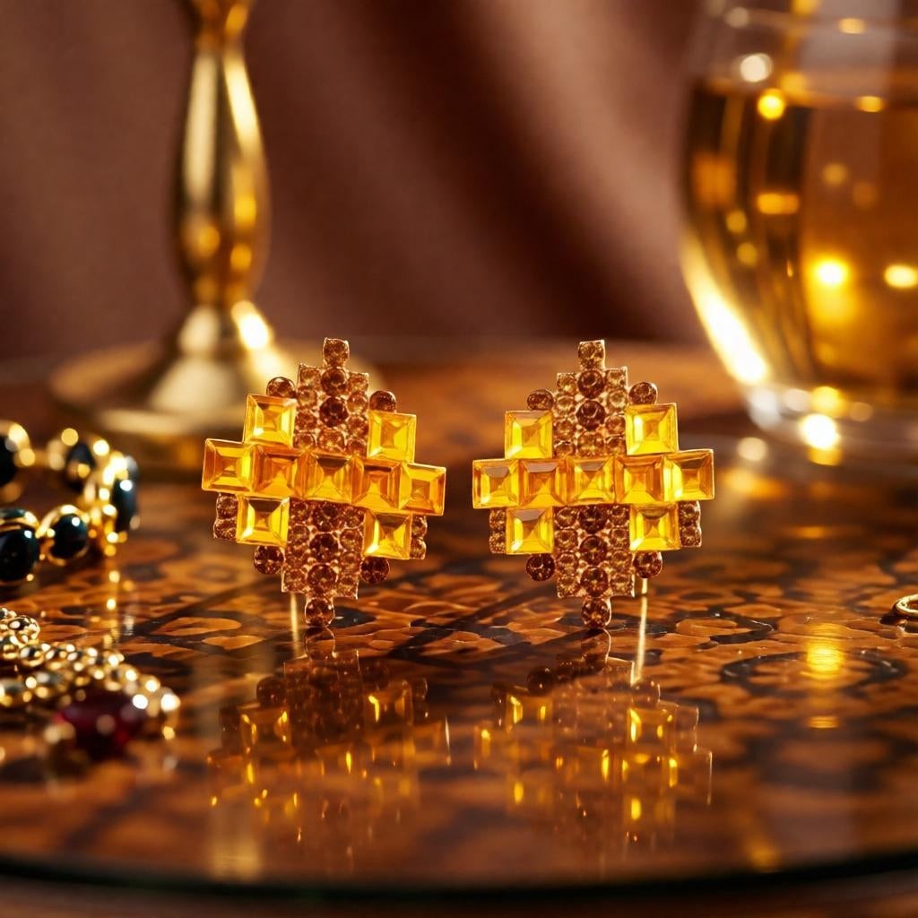 dazzle21 rose gold geometric stud earrings with sparkling crystal stones on a reflective surface
