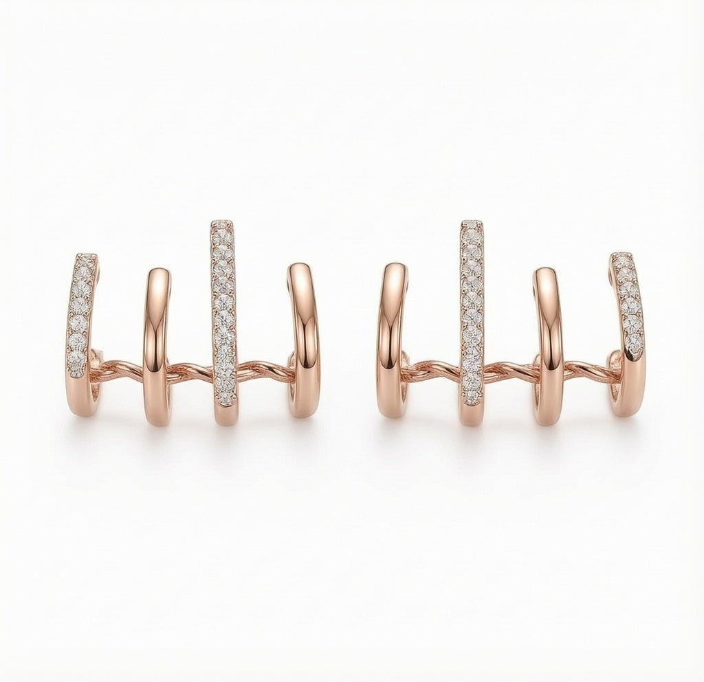 dazzle21 rose gold triple hoop earrings with cubic zirconia accents in a modern Korean style design