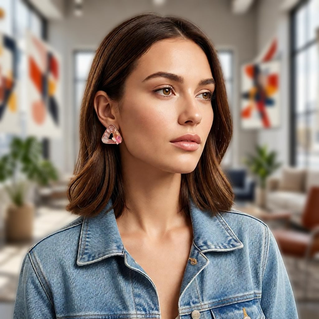 dazzle21 geometric triangle stud earrings with peach pearls and gold finish worn by a woman in a denim jacket