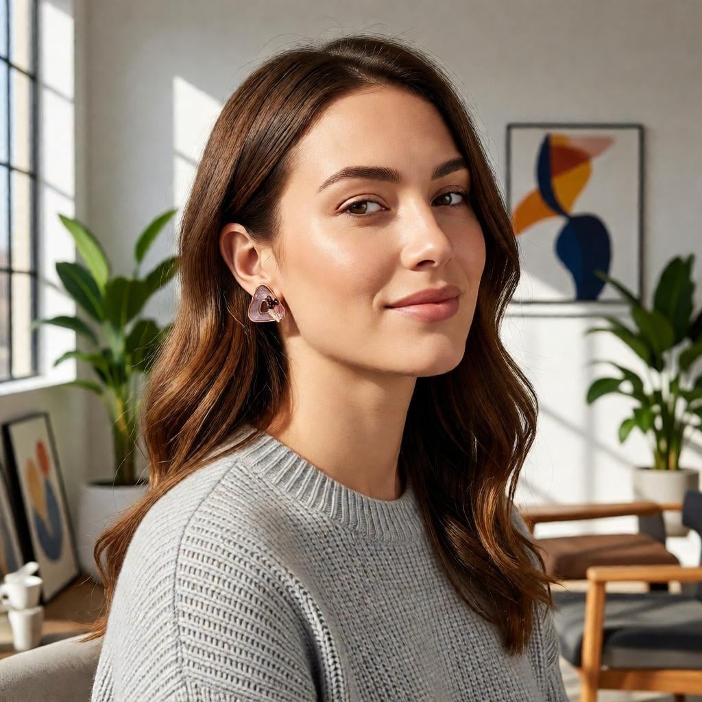 A woman wearing dazzle21 triangular ribbed stud earrings with peach pearls and iridescent butterfly petal accents.