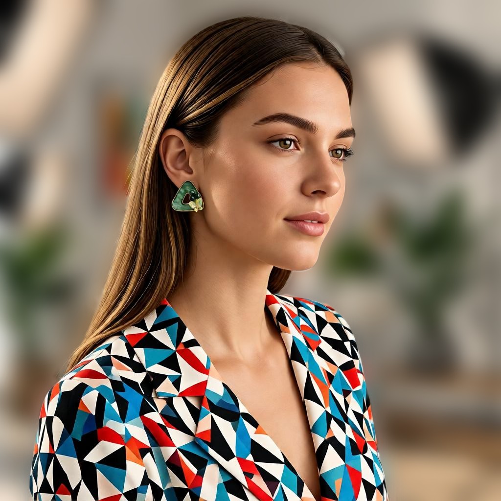 dazzle21 triangular open-frame stud earrings with green accents and pearls worn by a woman in a geometric blazer