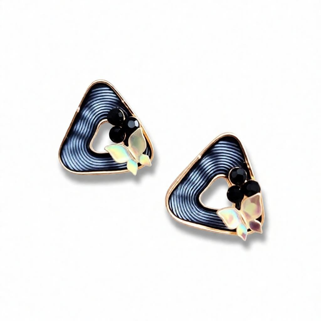 dazzle21 triangular ribbed stud earrings with black beads and iridescent butterfly accents in a gold finish