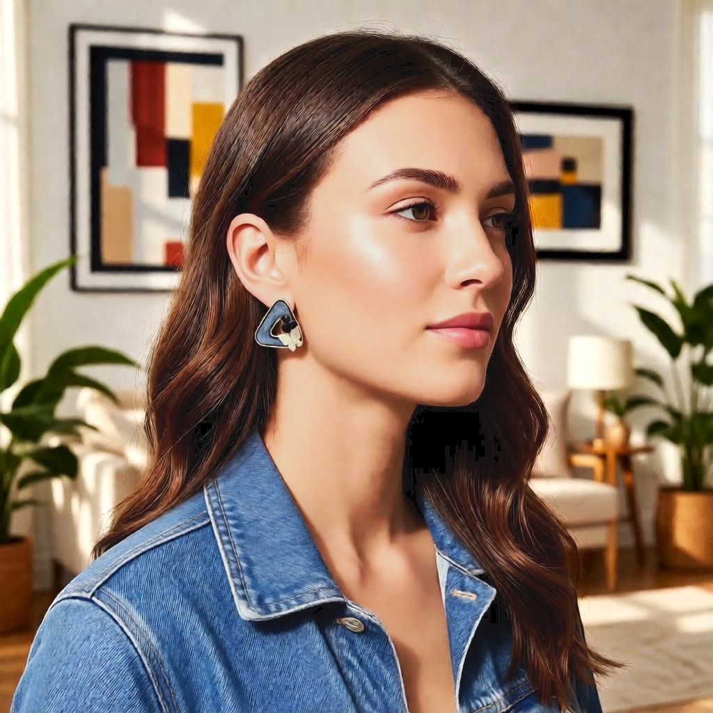 dazzle21 triangular ribbed stud earrings with peach pearls and petal accents worn by a woman in a denim jacket