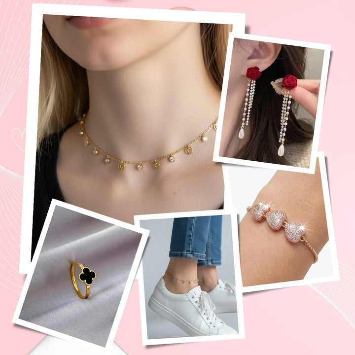 dazzle21 5-in-1 Valentine's jewelry set featuring a rose gold heart bracelet, red rose earrings, and gold anklets.