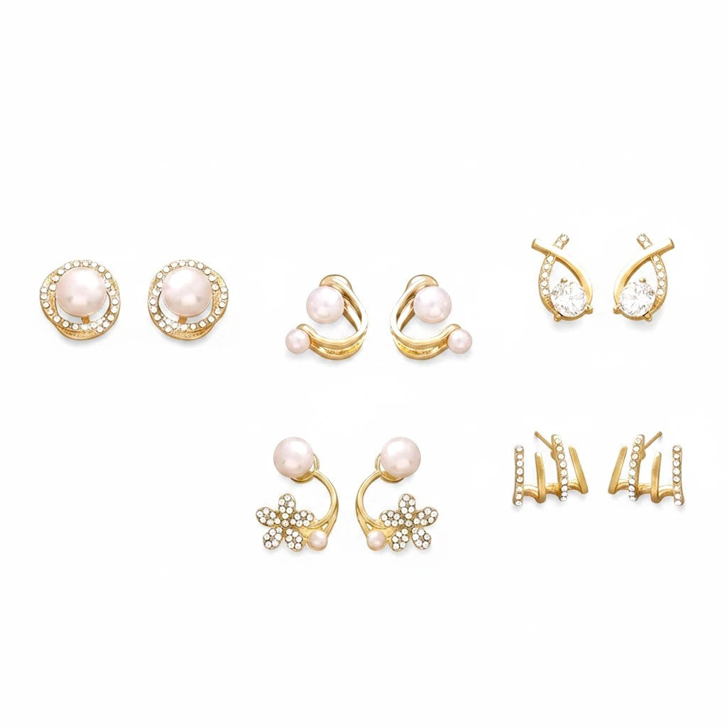 dazzle21 gold-toned alloy stud earrings set featuring zirconia crystals, faux pearls, and star and leaf designs
