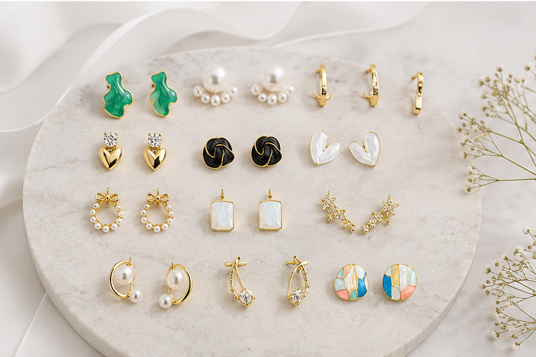 12 Pairs with Box Women’s Fashion Earrings Collection – Trendy Gold & Pearl Earrings Set | Dazzle21