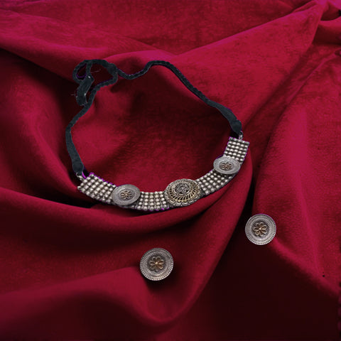 Oxidized Silver-Plated Tribal Necklace Set with Earrings