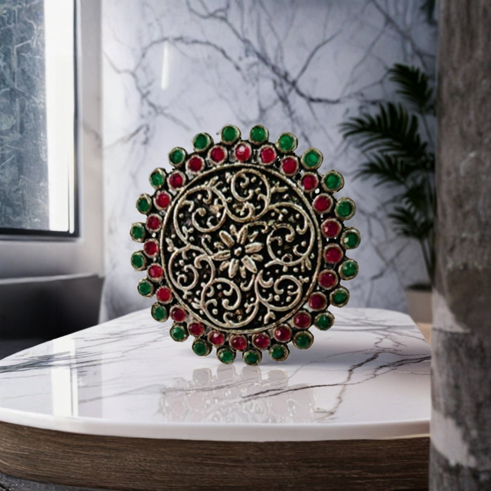 Rajwadi Emerald–Ruby Oxidized Silver Necklace Set with Ring & Jhumka Earrings