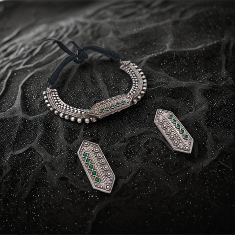 Oxidized Silver-Plated Green Stone Necklace Set
