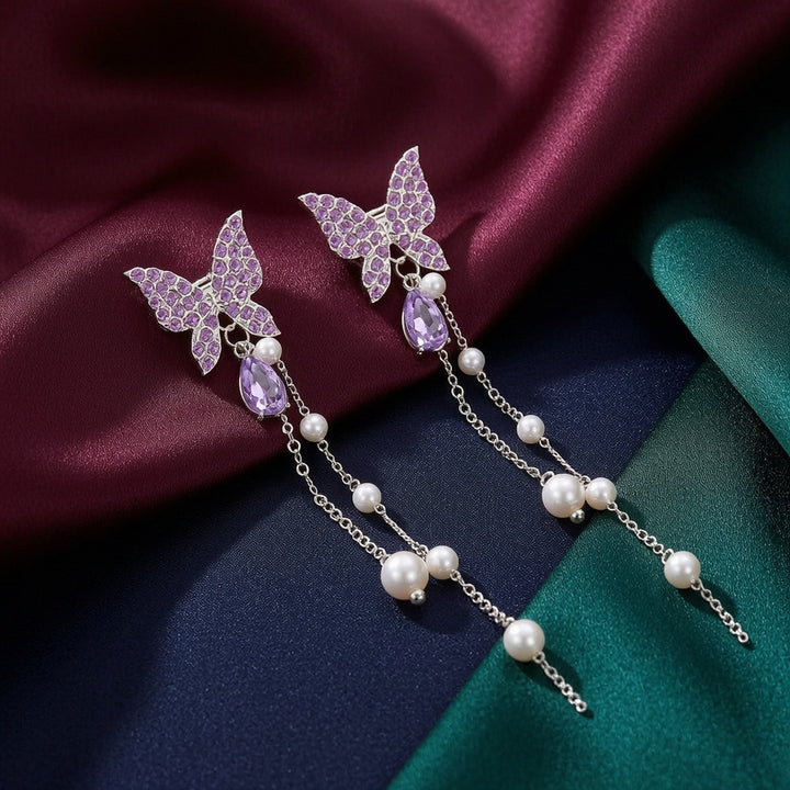 Lilac Butterfly Pearl Drop Earrings