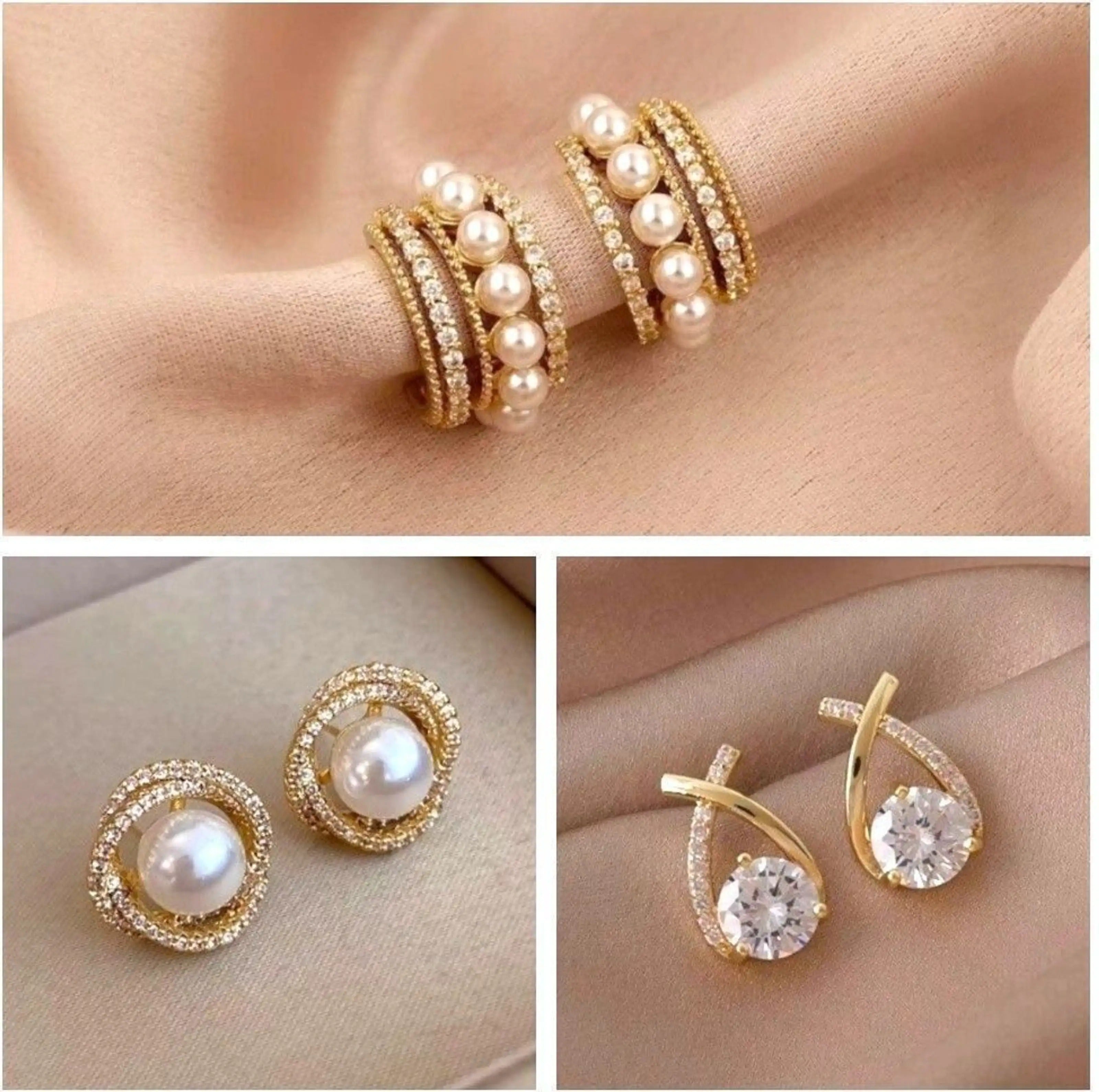 Dazzle21 Combo of 3 Korean Earrings Classic Pearl Stone Earrings for Girls and Women Crystal, Cubic Zirconia, Pearl Alloy, Brass, Stone Drops & Danglers, Earring Set, Hoop Earring, Rhinestone Studs, Stud Earring