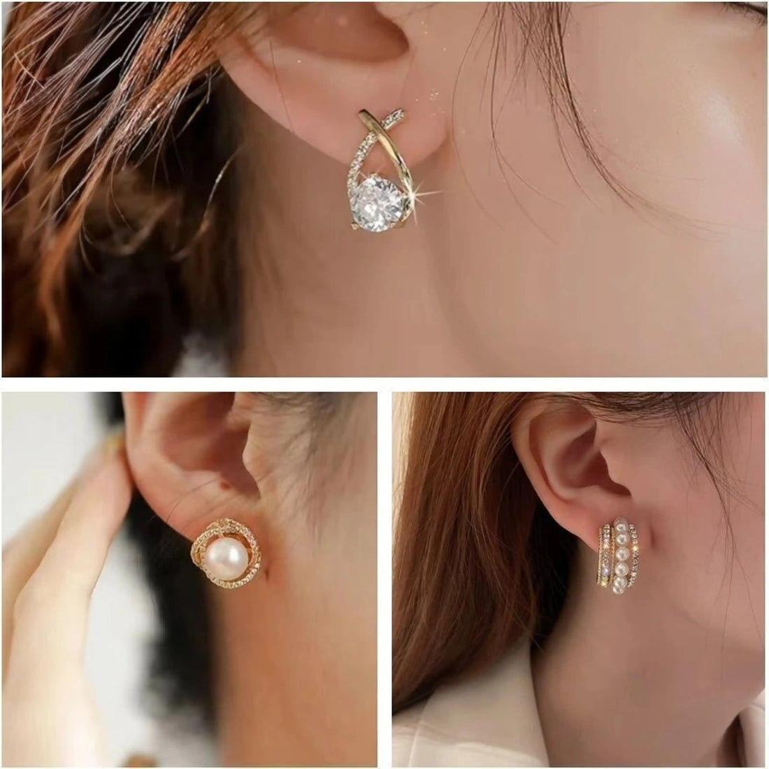 Dazzle21 Combo of 3 Korean Earrings Classic Pearl Stone Earrings for Girls and Women Crystal, Cubic Zirconia, Pearl Alloy, Brass, Stone Drops & Danglers, Earring Set, Hoop Earring, Rhinestone Studs, Stud Earring