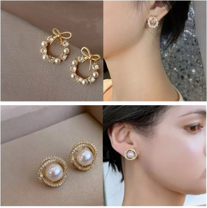 Dazzle21 Combo of 2 Classic Studs Tops Gold Stone Pearl Earrings for Girls and Women Crystal, Cubic Zirconia, Pearl Alloy, Brass, Stone Drops & Danglers, Earring Set, Hoop Earring, Rhinestone Studs, Stud Earring