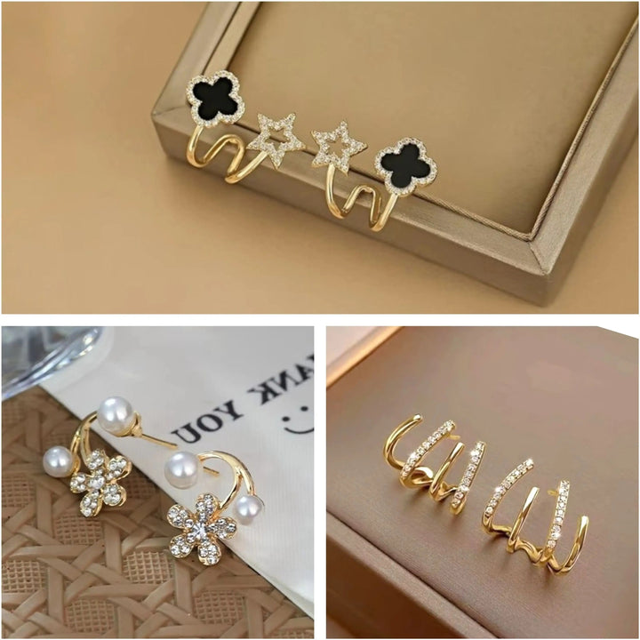Dazzle21 Pack of 3 Korean Stylish Gold Stone Earrings for Women Girls Light Weight Fancy Crystal, Cubic Zirconia, Pearl Alloy, Brass, Stone Drops & Danglers, Earring Set, Hoop Earring, Rhinestone Studs, Stud Earring