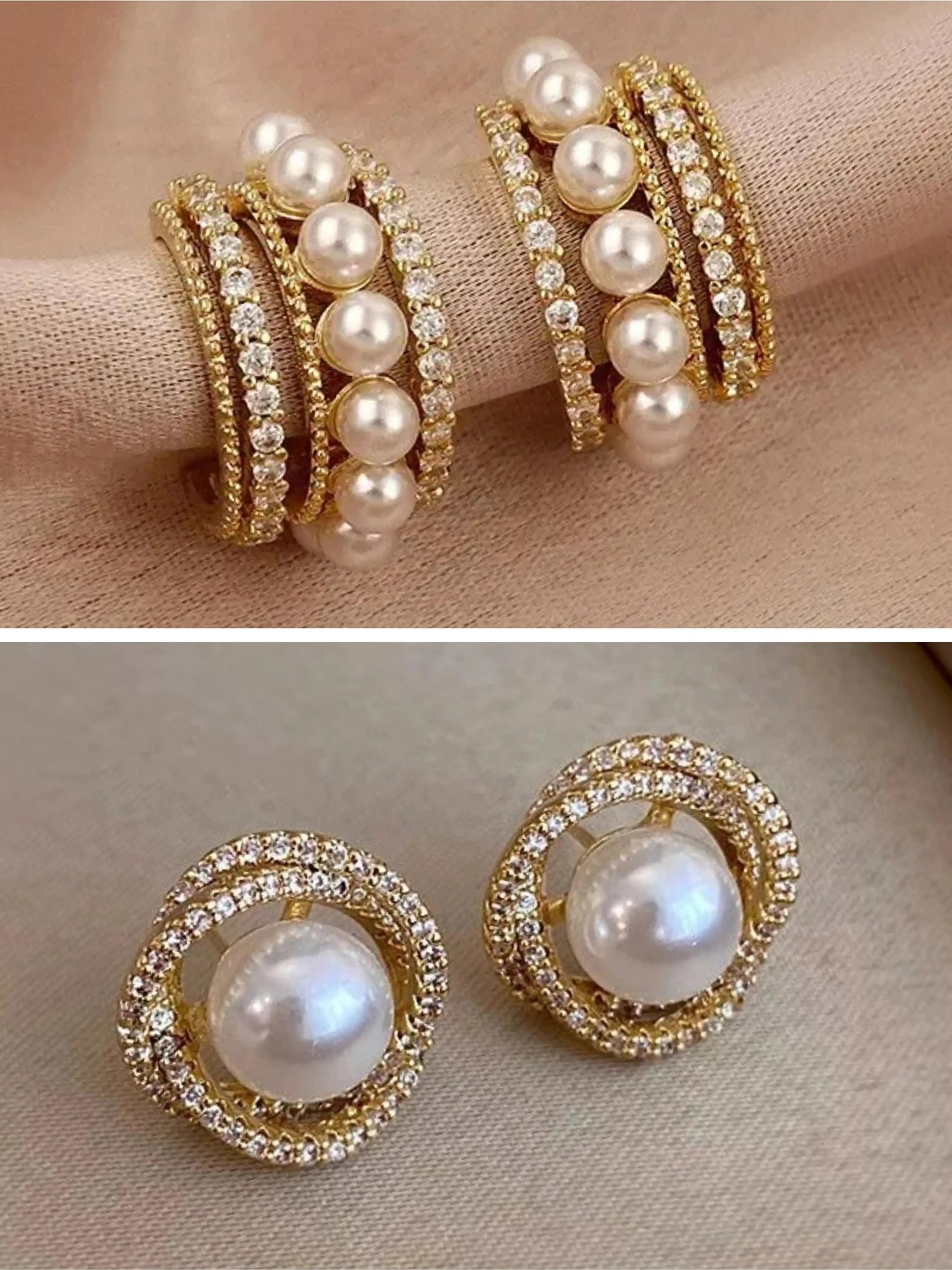 Dazzle21 Combo of 2 Korean Earrings Pearl Earrings For Girls C-Shaped Earrings for Women Cubic Zirconia, Pearl Alloy, Brass Cuff Earring, Earring Set, Huggie Earring, Rhinestone Studs, Stud Earring