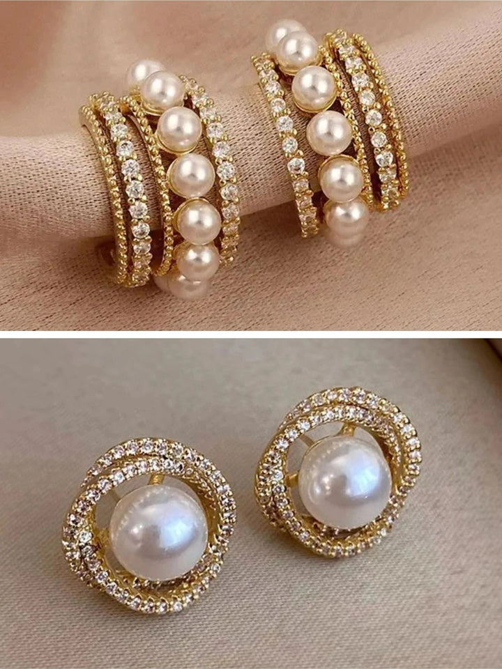 Dazzle21 Combo of 2 Korean Earrings Pearl Earrings For Girls C-Shaped Earrings for Women Cubic Zirconia, Pearl Alloy, Brass Cuff Earring, Earring Set, Huggie Earring, Rhinestone Studs, Stud Earring