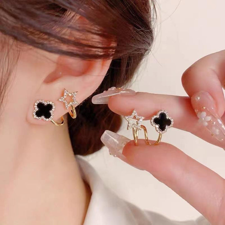 Gold Clover & Star Drop Earrings – Black Onyx Four-Leaf Studs with CZ Pavé Star Charm