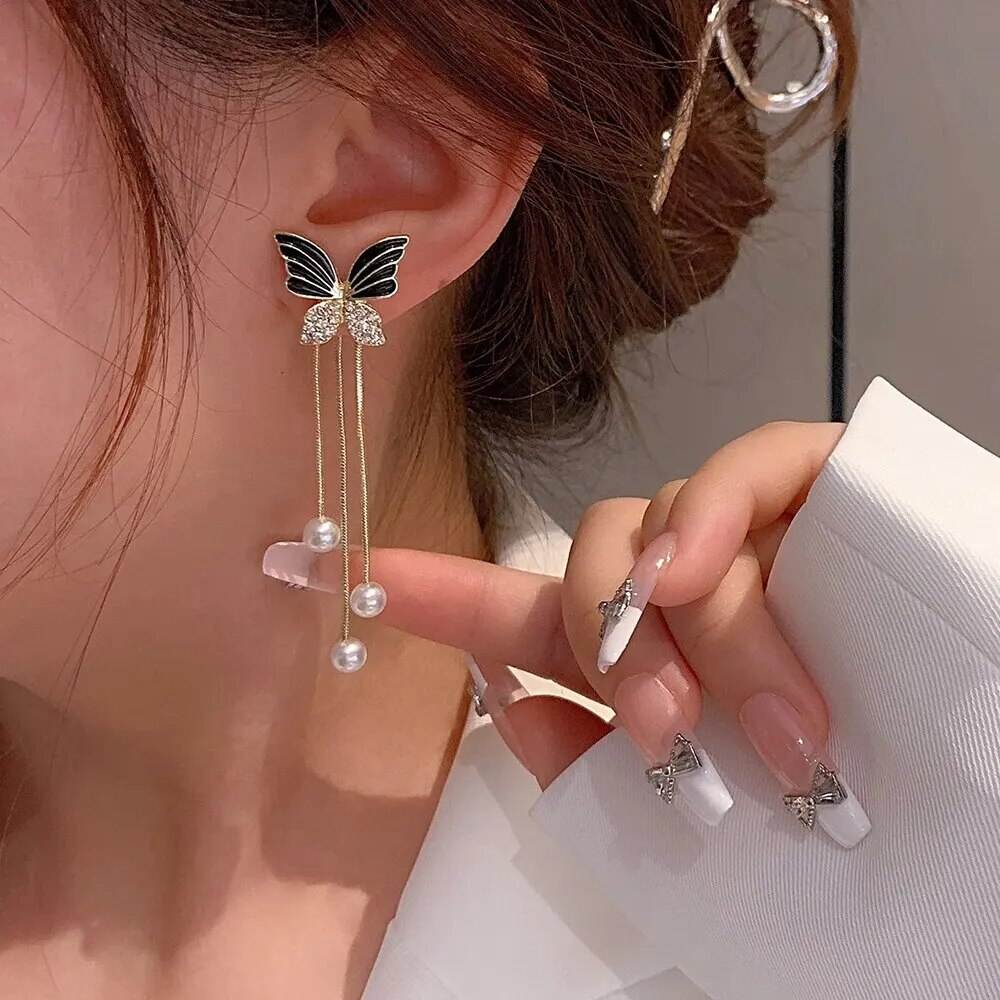 Butterfly Pearl Tassel Drop Earrings