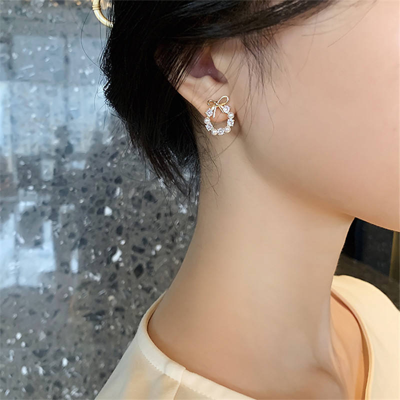 Golden Bow Pearl Wreath Stud Earrings