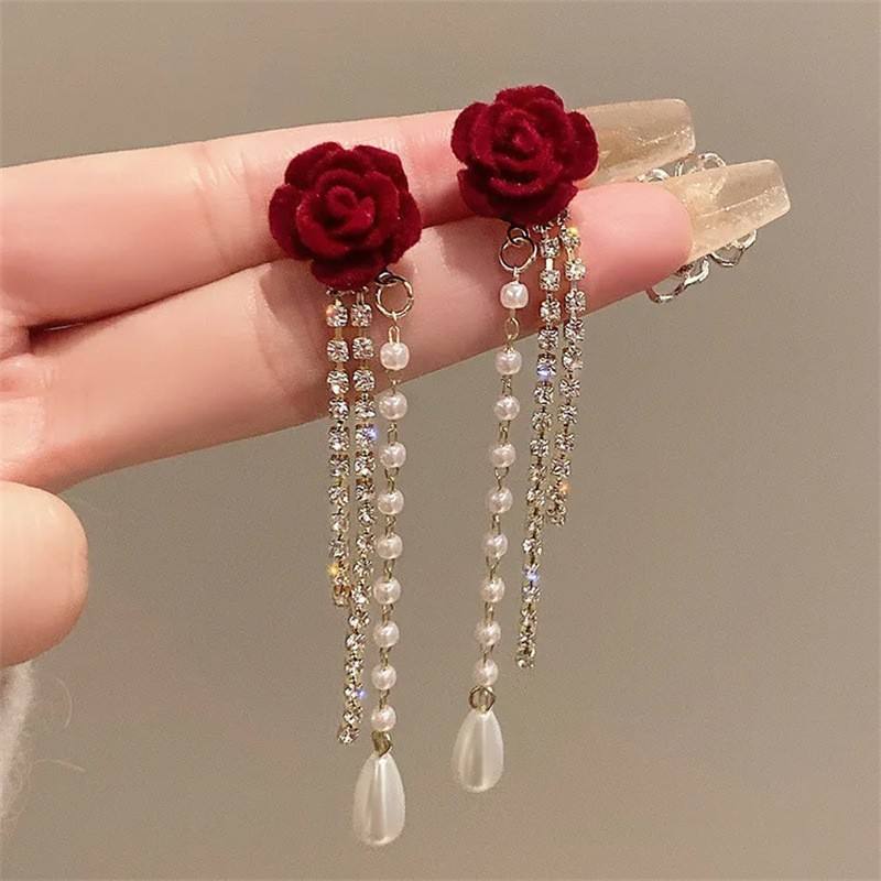 Crimson Rose Pearl Tassel Earrings