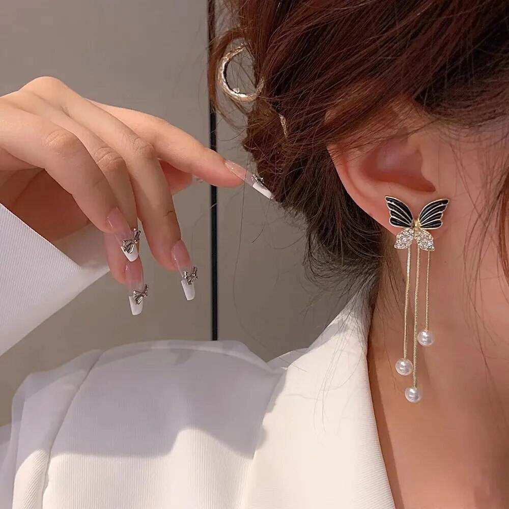 Butterfly Pearl Tassel Drop Earrings
