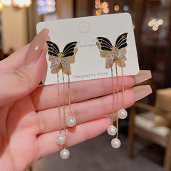 Butterfly Pearl Tassel Drop Earrings