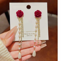 Crimson Rose Pearl Tassel Earrings
