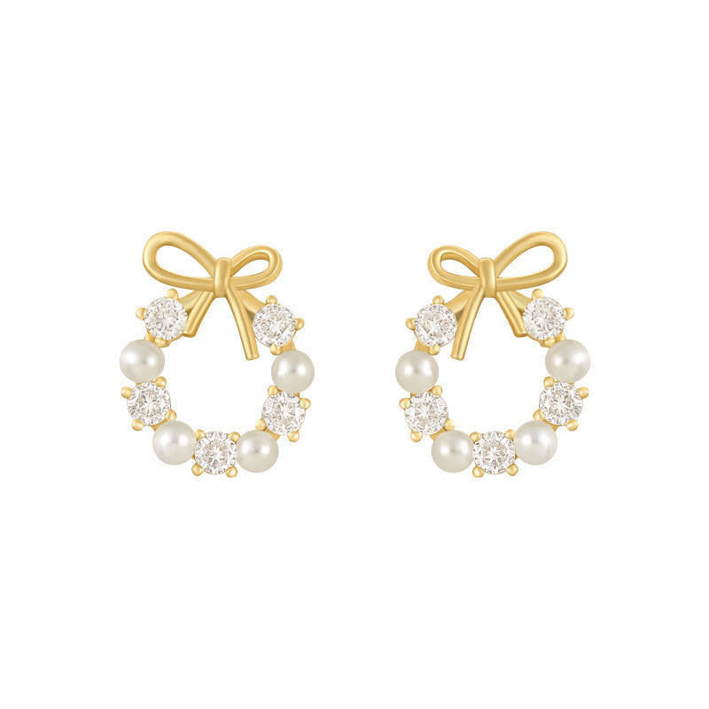 Golden Bow Pearl Wreath Stud Earrings