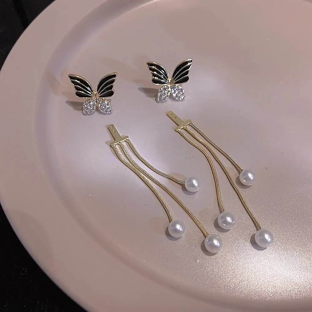 Butterfly Pearl Tassel Drop Earrings