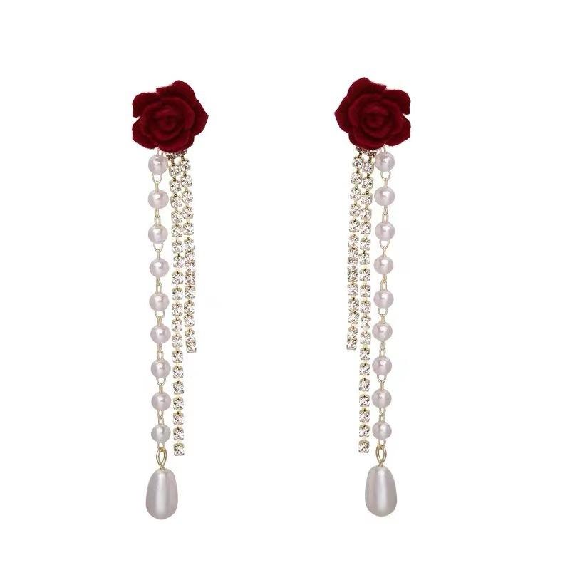 Crimson Rose Pearl Tassel Earrings
