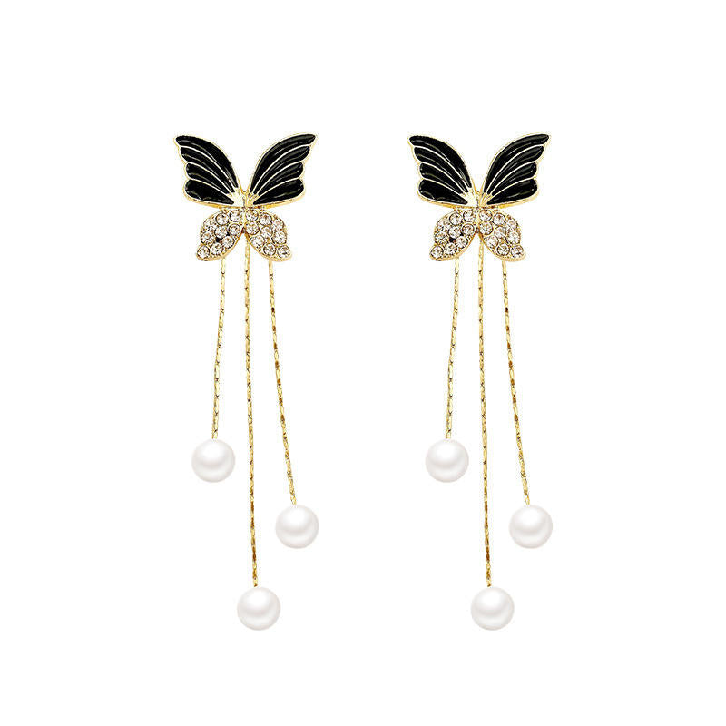 Butterfly Pearl Tassel Drop Earrings
