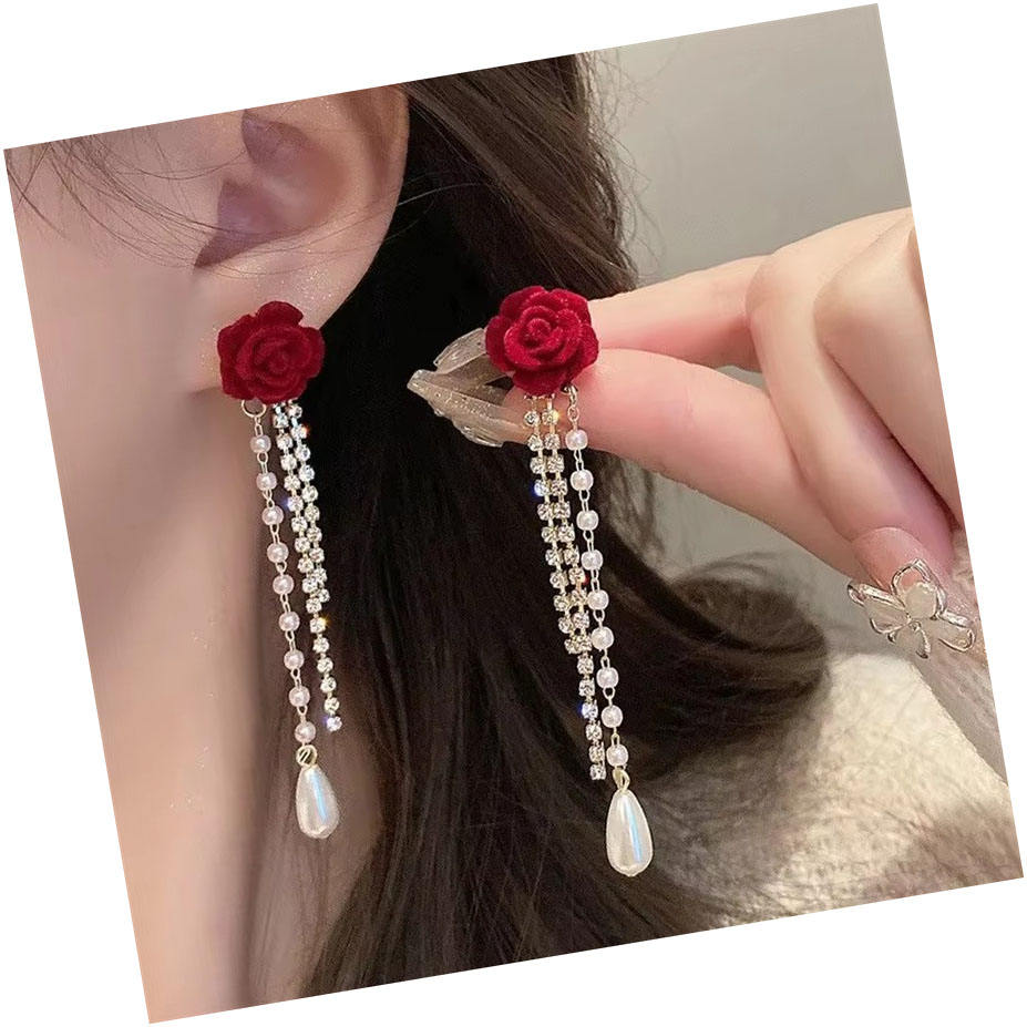 Crimson Rose Pearl Tassel Earrings