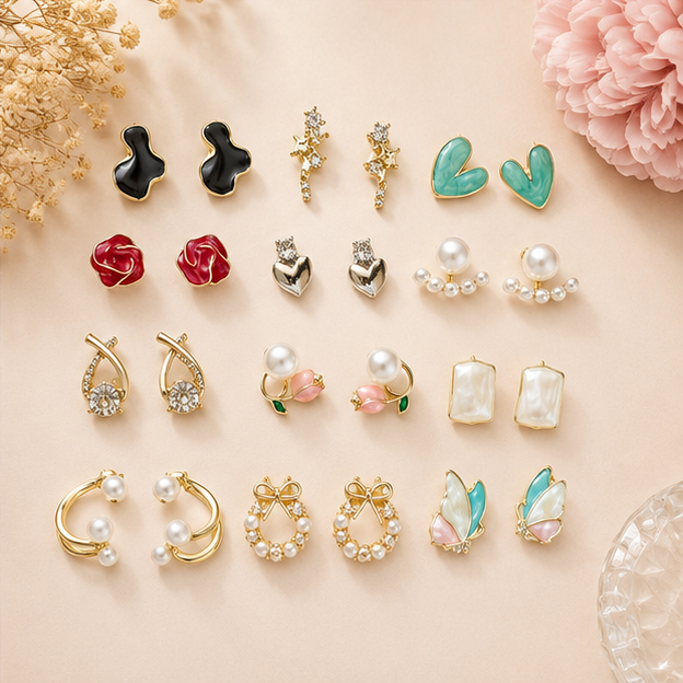 12 Pairs with Box Women’s Fashion Earrings Collection – Trendy Gold & Pearl Earrings Set | Dazzle21