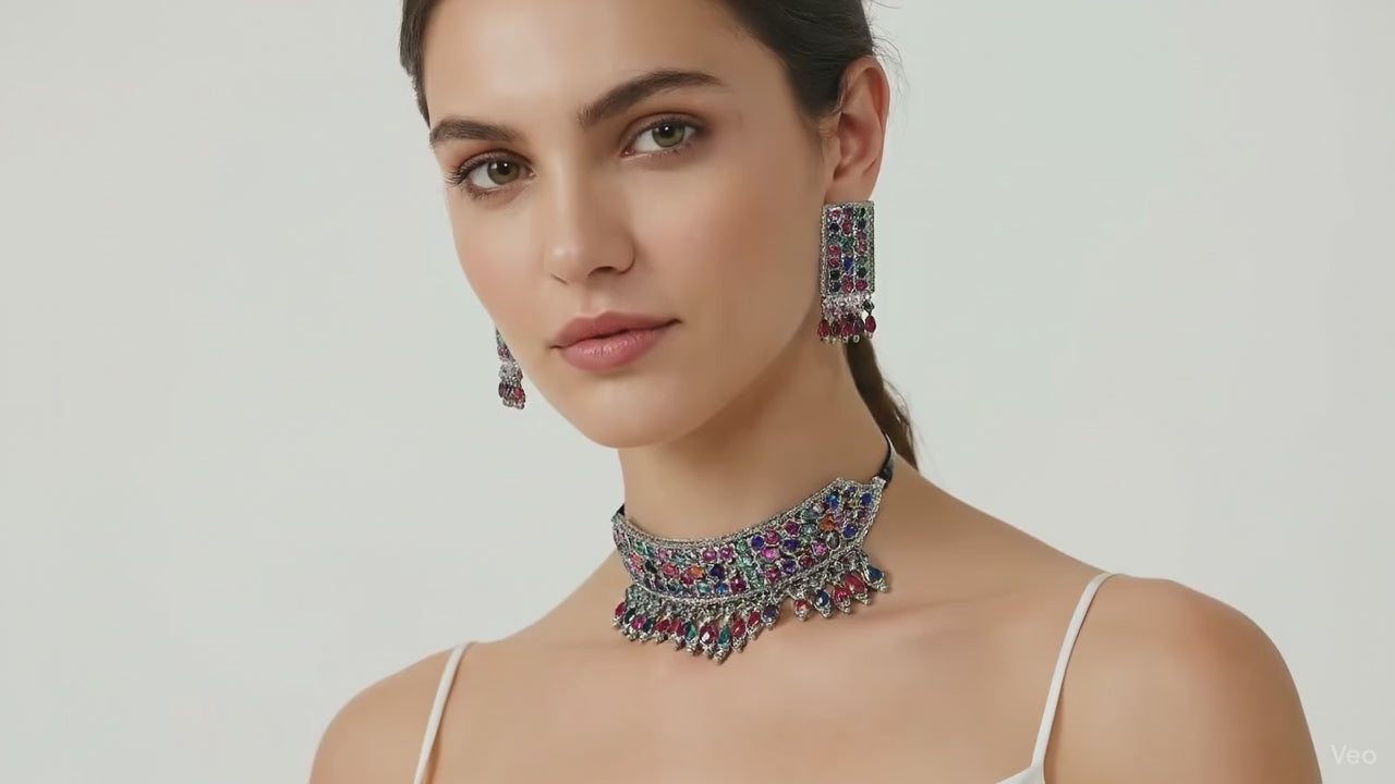 Regal Multicolor Gemstone Collection - Traditional Choker Necklace & Jhumka Set