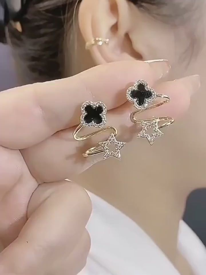 Gold Clover & Star Drop Earrings – Black Onyx Four-Leaf Studs with CZ Pavé Star Charm